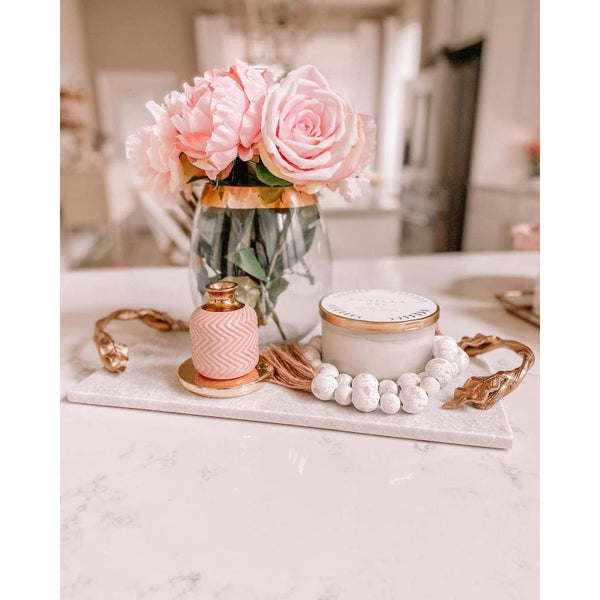 Decor Tray With Marble Frame And Carved Metal Handlez White And Gold