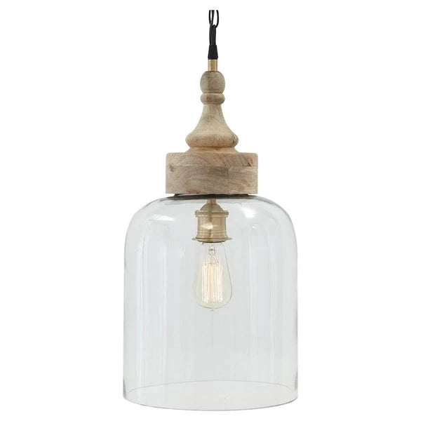 Inverted U Glass Pendant Light With Wood Finial Crown Top Brown And Clear