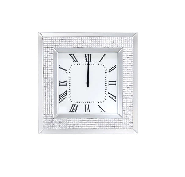 Mirror Framed Wooden Analog Wall Clock With Crystal Accents White