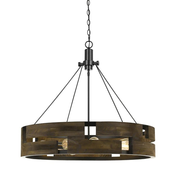 9 Bulb Round Wooden Frame Chandelier With Geometric Cut Out Design Brown