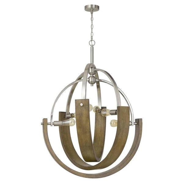 6 Bulb Metal And Wooden Chandelier Silver And Brown