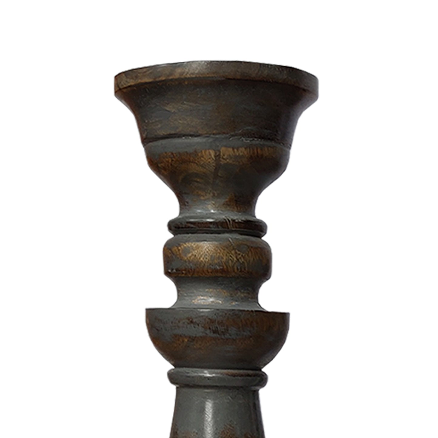 Handmade Pillar Shape Wooden Candle Holder With Flared Top Brown And Gray Set Of 3