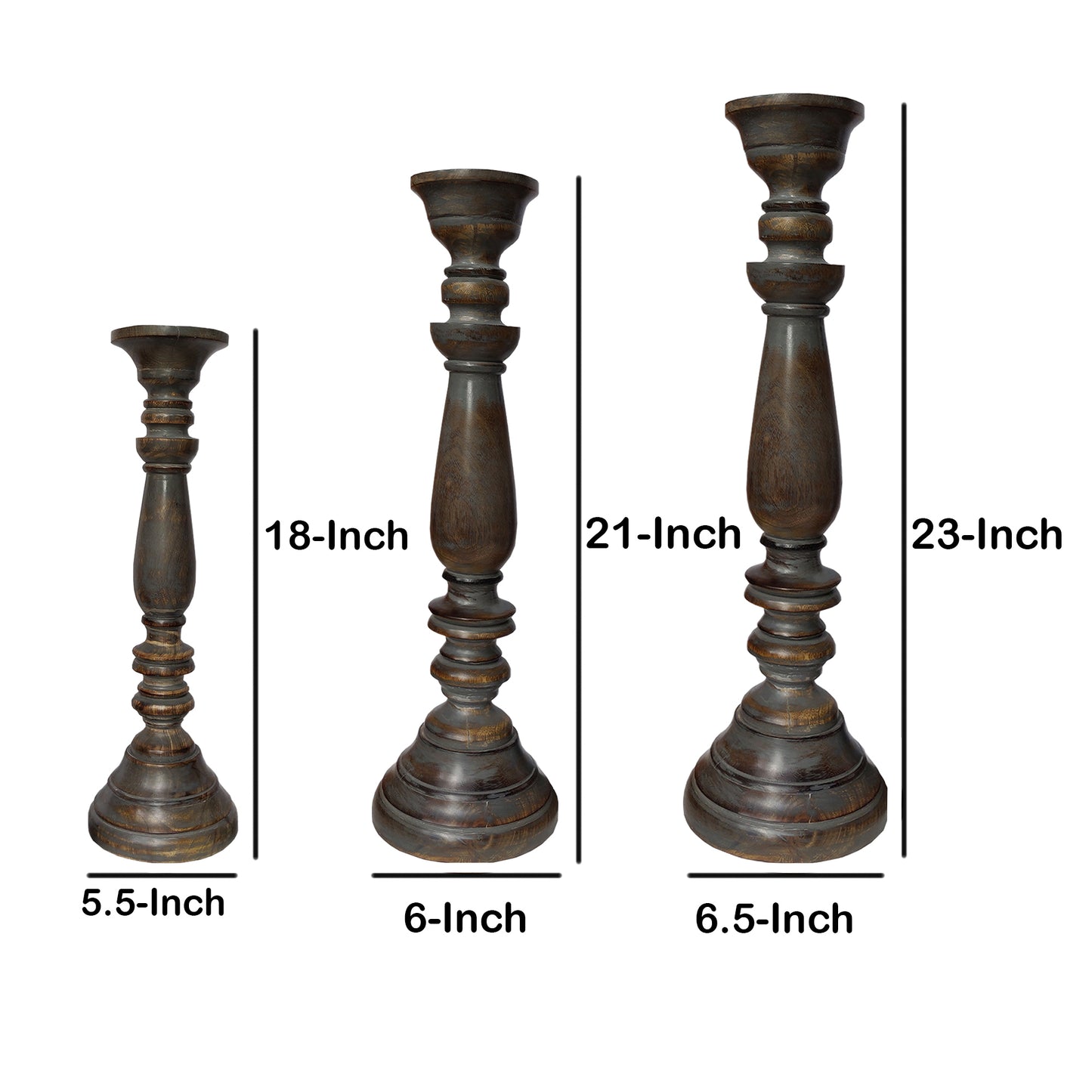 Handmade Pillar Shape Wooden Candle Holder With Flared Top Brown And Gray Set Of 3