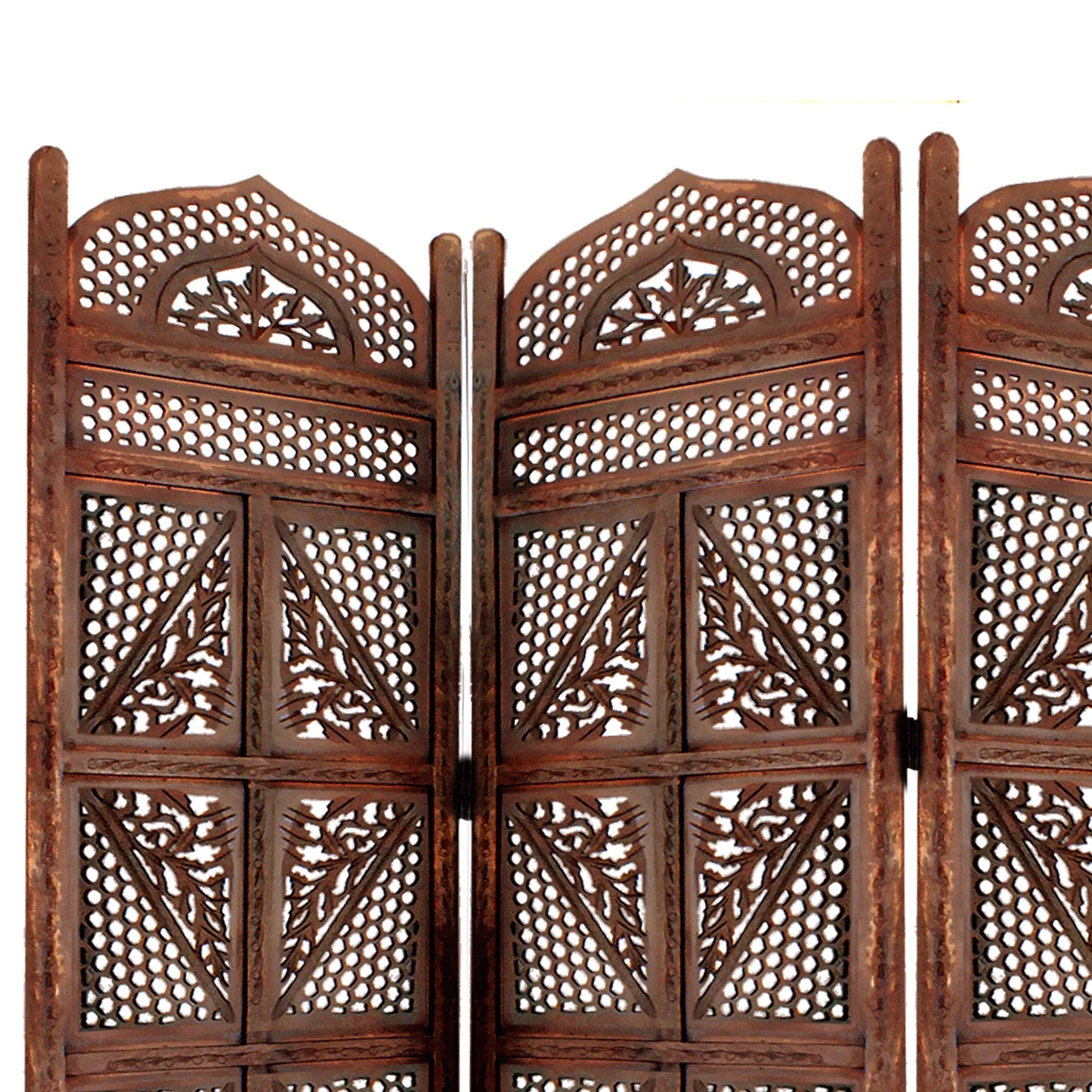 Traditional Four Panel Wooden Room Divider with Hand Carved Details, Antique Brown