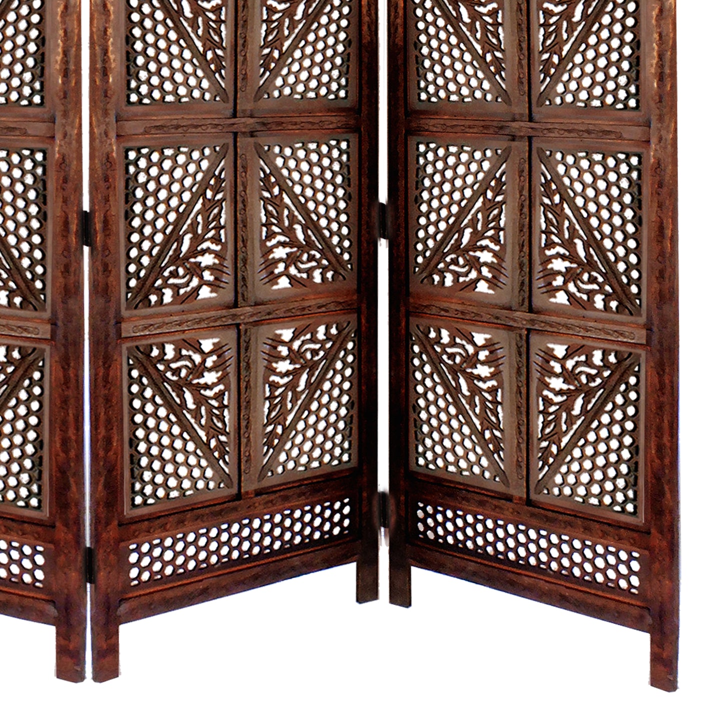 Traditional Four Panel Wooden Room Divider with Hand Carved Details, Antique Brown