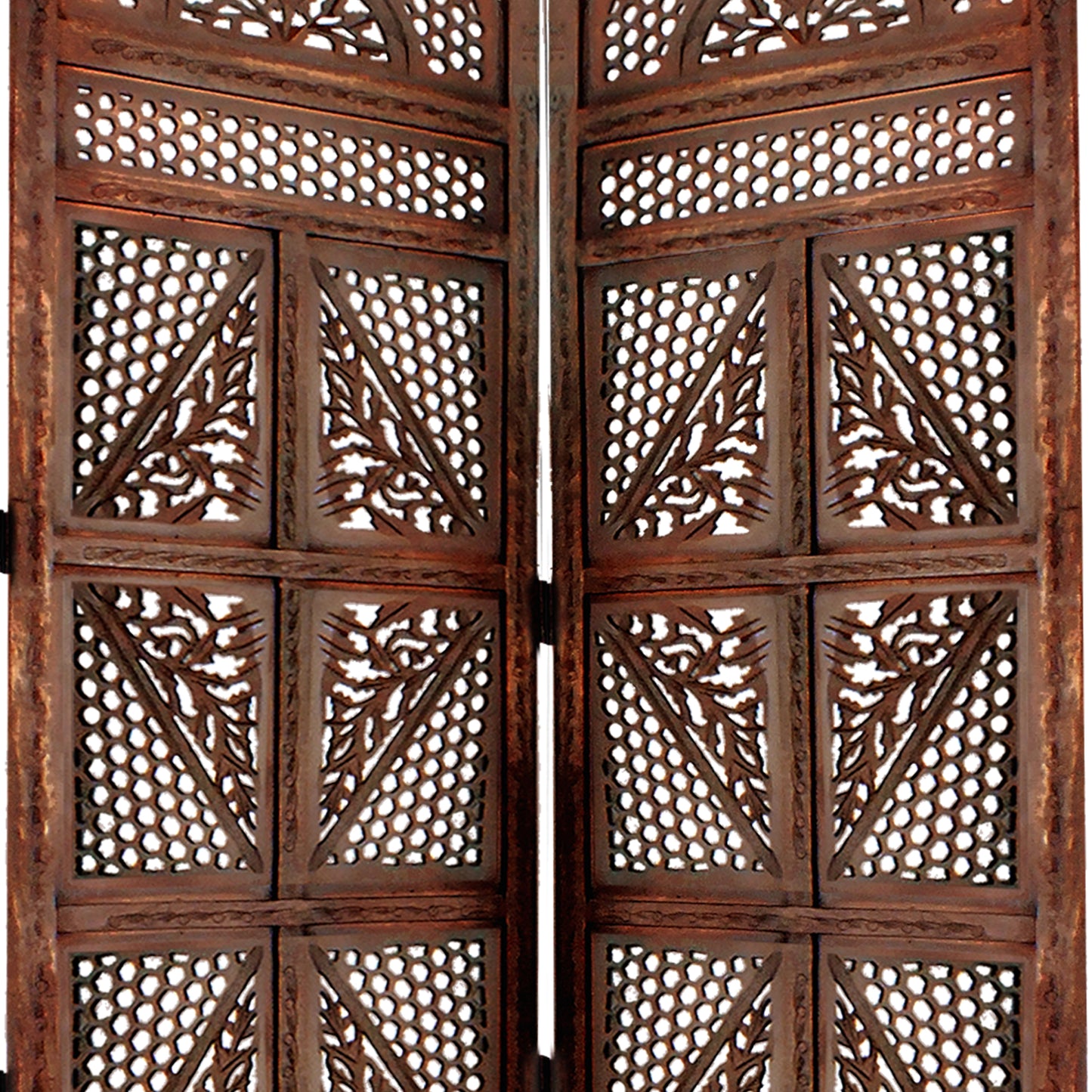 Traditional Four Panel Wooden Room Divider with Hand Carved Details, Antique Brown