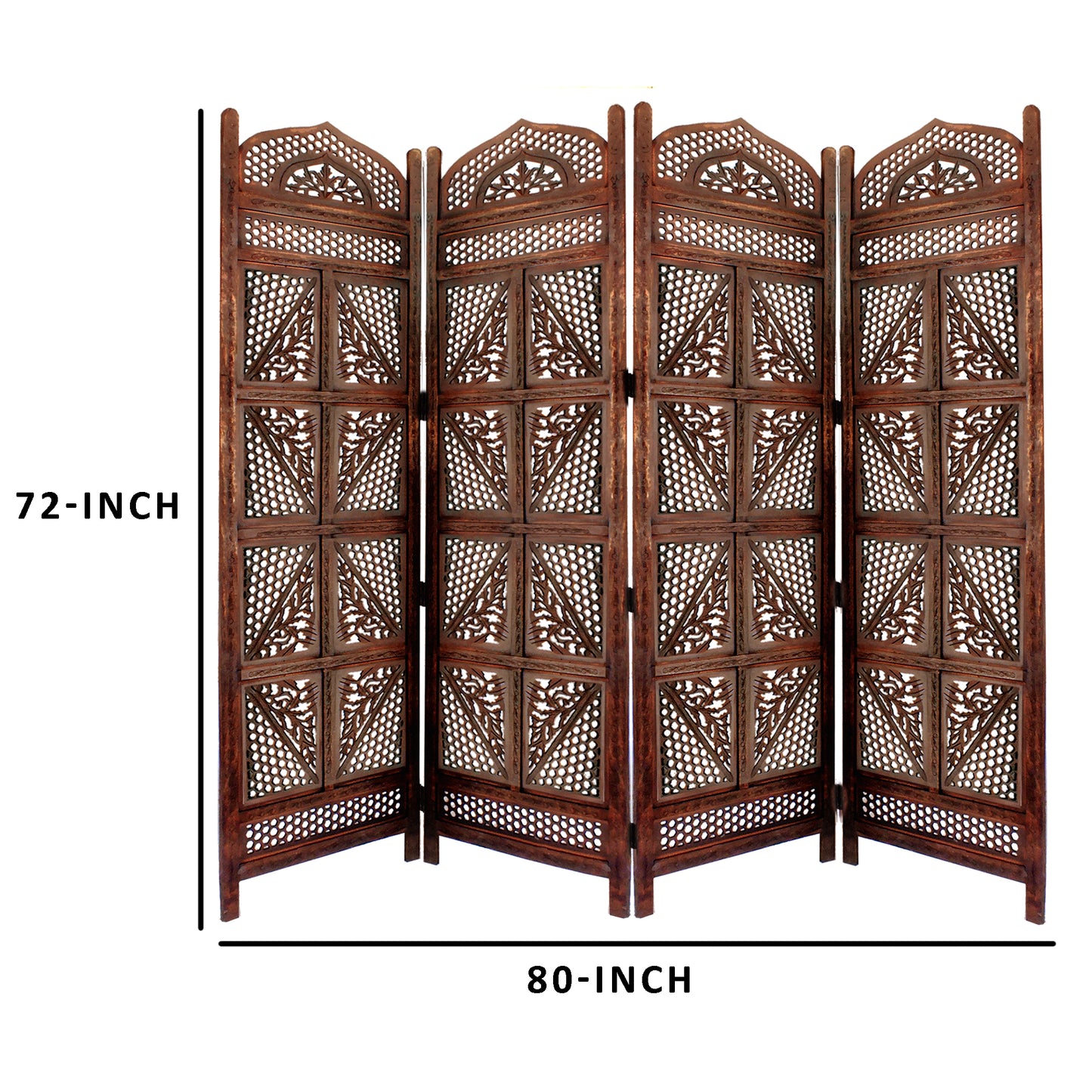 Traditional Four Panel Wooden Room Divider with Hand Carved Details, Antique Brown