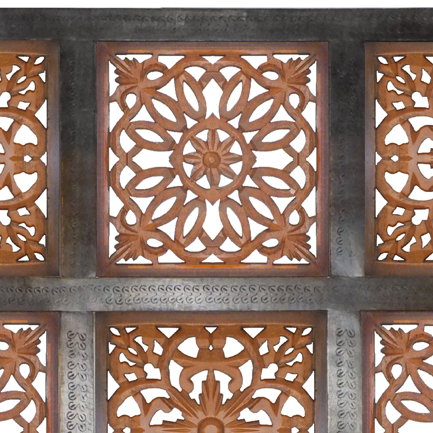 Decorative Mango Wood Wall Panel With Cutout Flower Pattern Brown