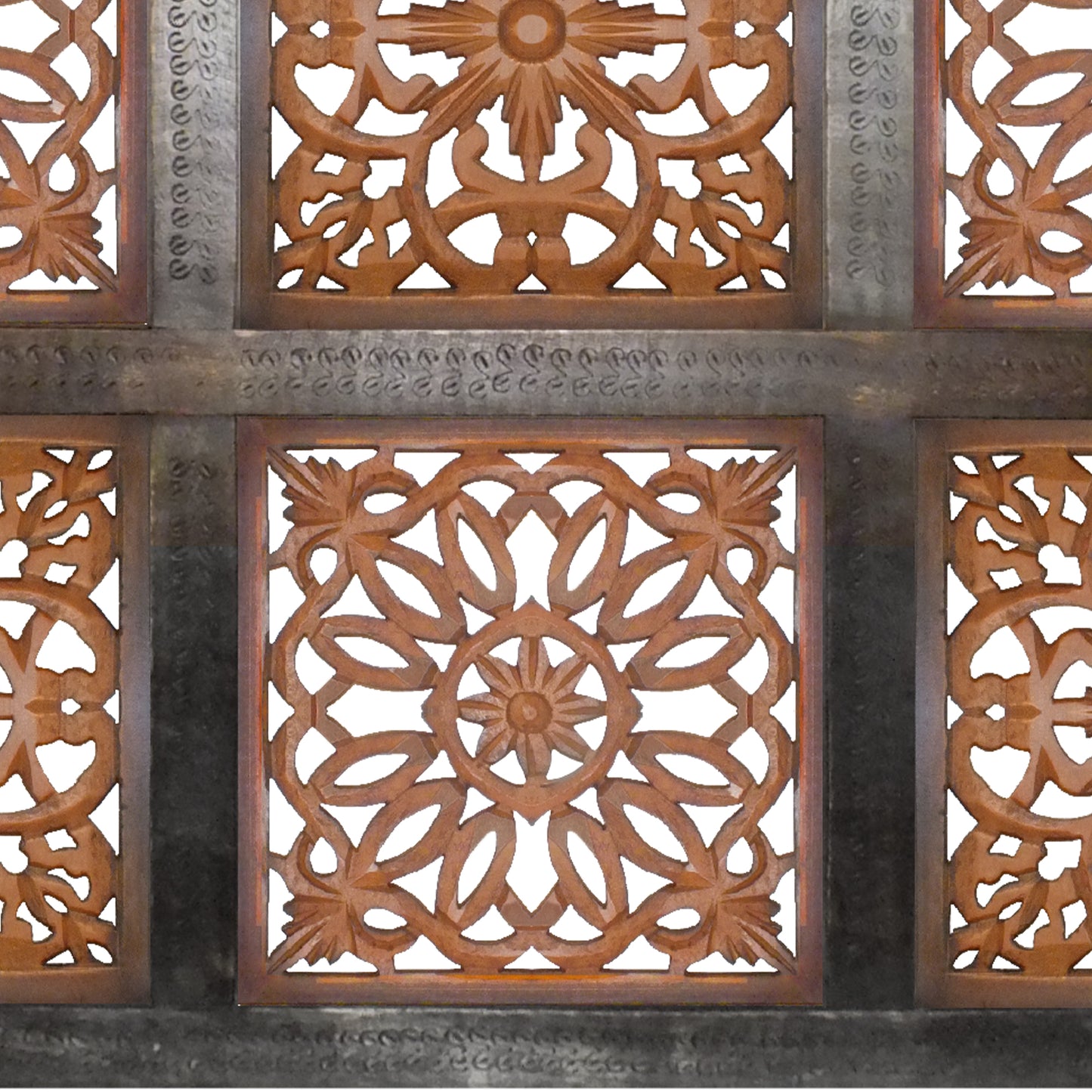 Decorative Mango Wood Wall Panel With Cutout Flower Pattern Brown