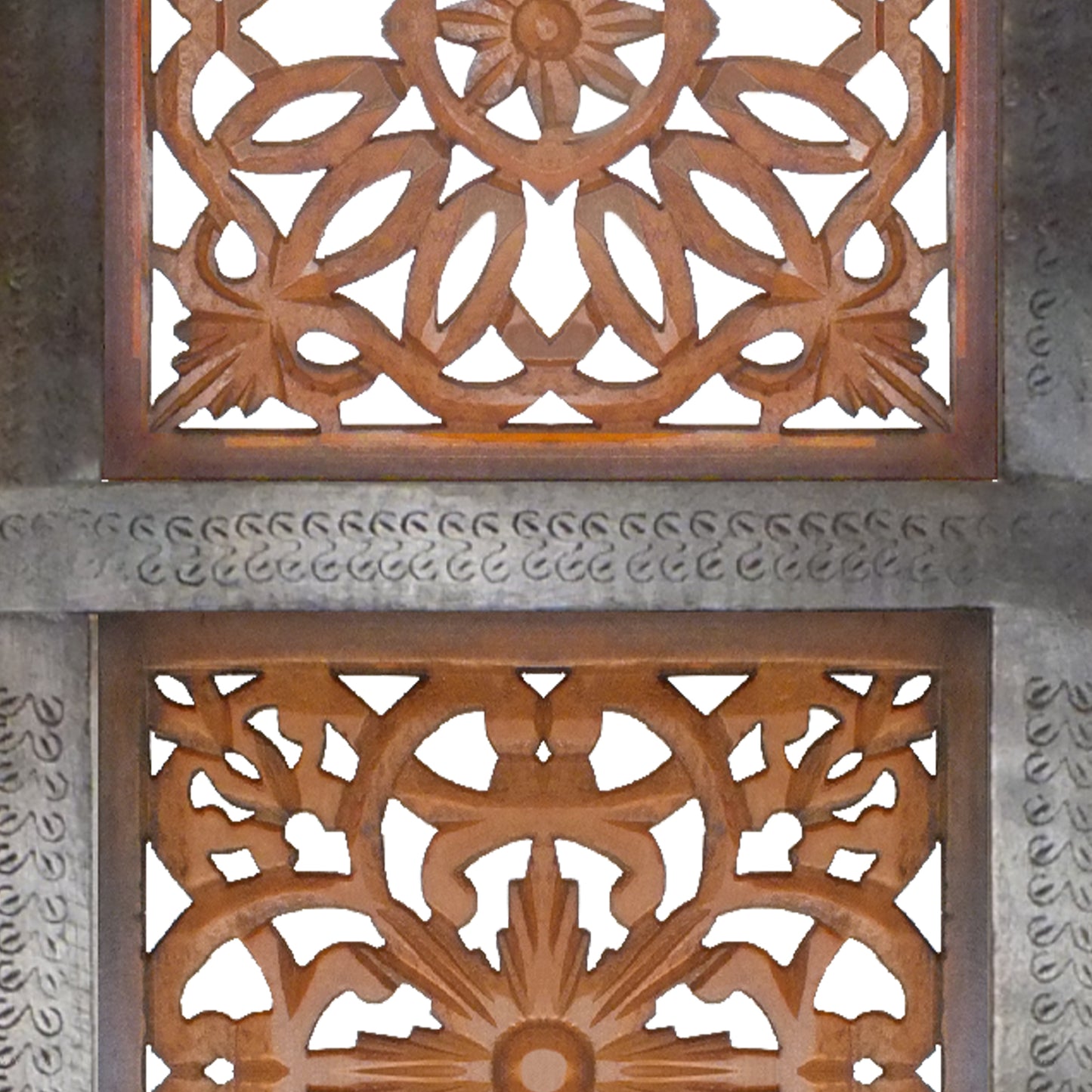 Decorative Mango Wood Wall Panel With Cutout Flower Pattern Brown