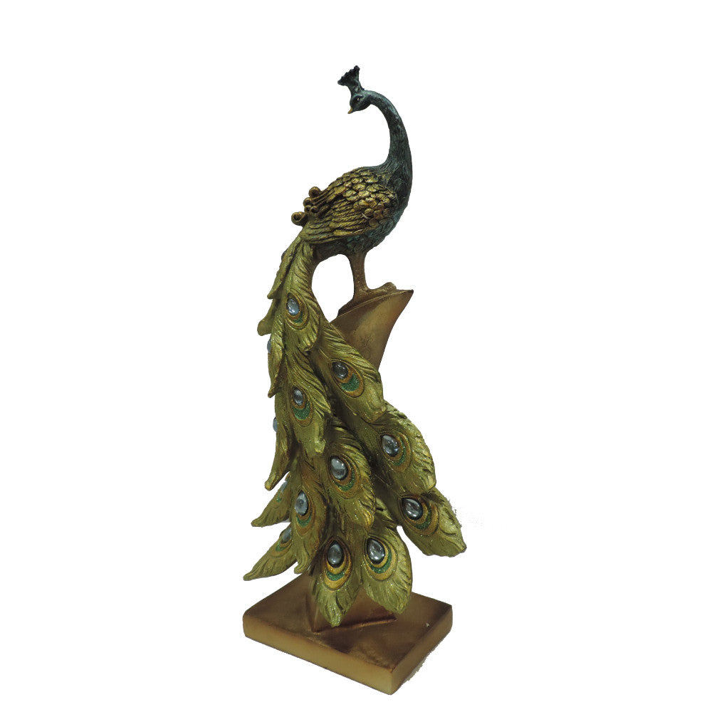Polystone Decorative Peacock Figurine With Block Stand Green And Gold
