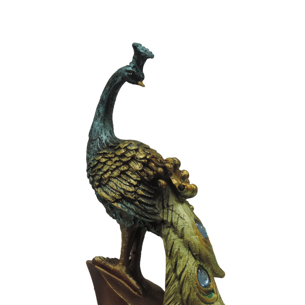 Polystone Decorative Peacock Figurine With Block Stand Green And Gold