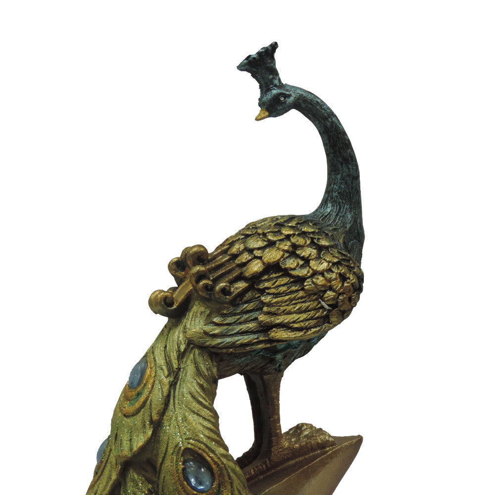 Polystone Decorative Peacock Figurine With Block Stand Green And Gold