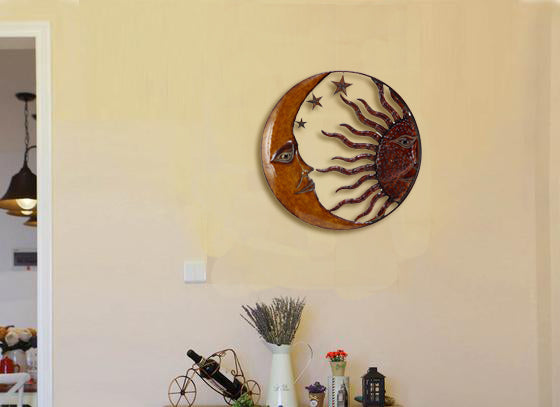 21 Inch Handcrafted Sun And Moon Accent Wall Decor Round Metal Wall Mount Rustic Gold Bronze