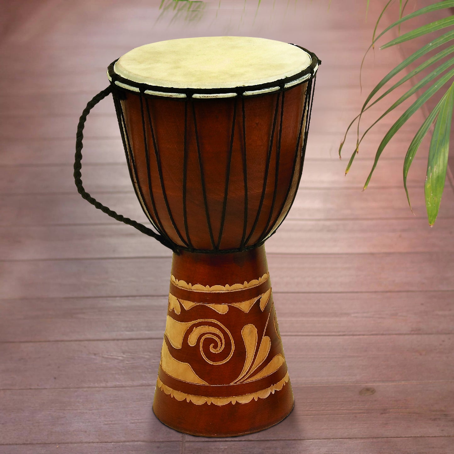 Decorative Wood And Leather Djembe Drum With Side Handle Large Brown And Cream