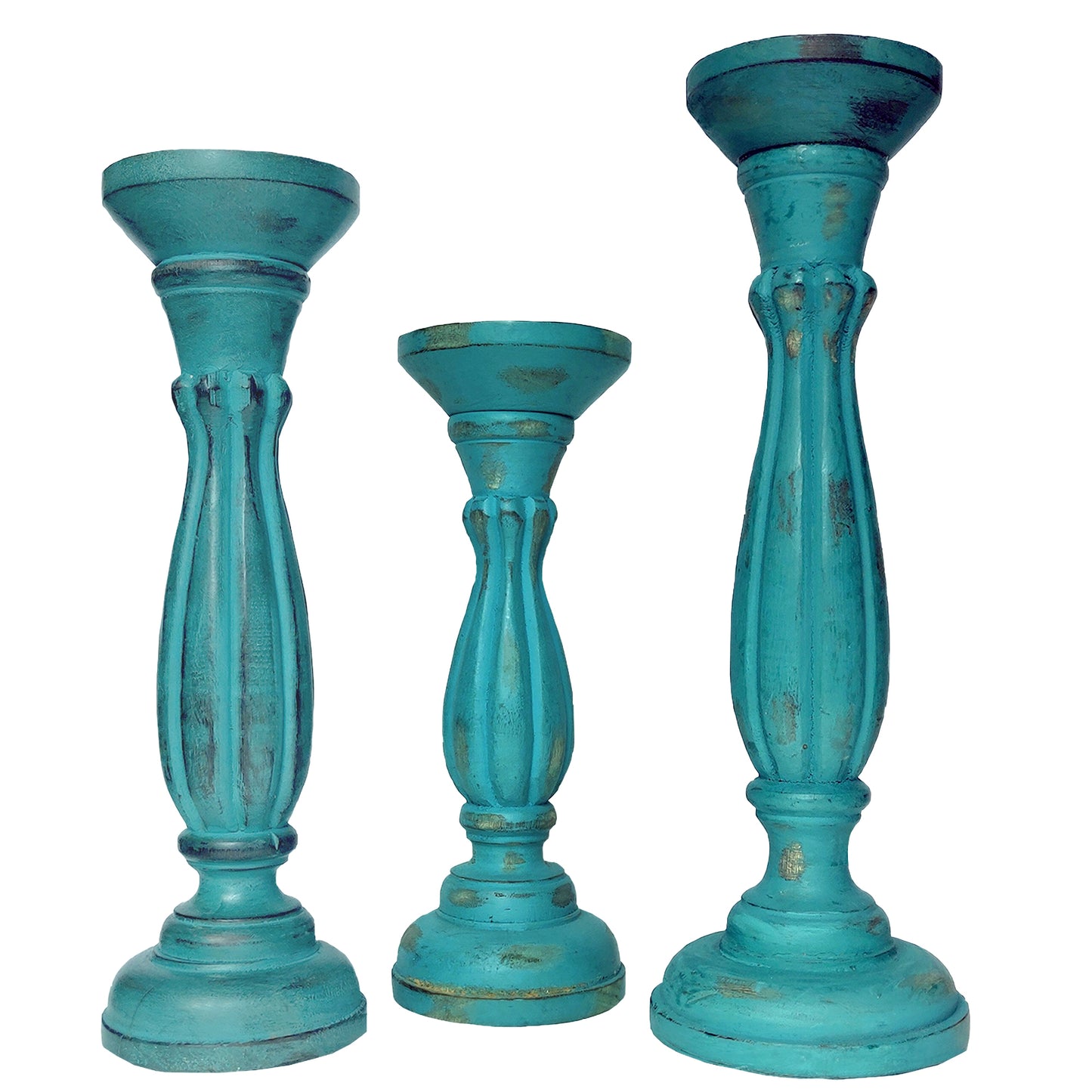 Handmade Wooden Candle Holder With Pillar Base Support Turquoise Blue Set Of 3