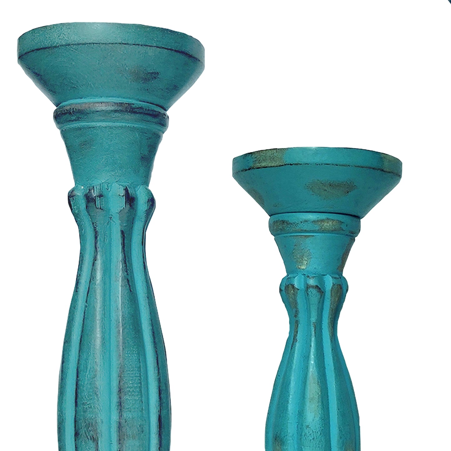 Handmade Wooden Candle Holder With Pillar Base Support Turquoise Blue Set Of 3