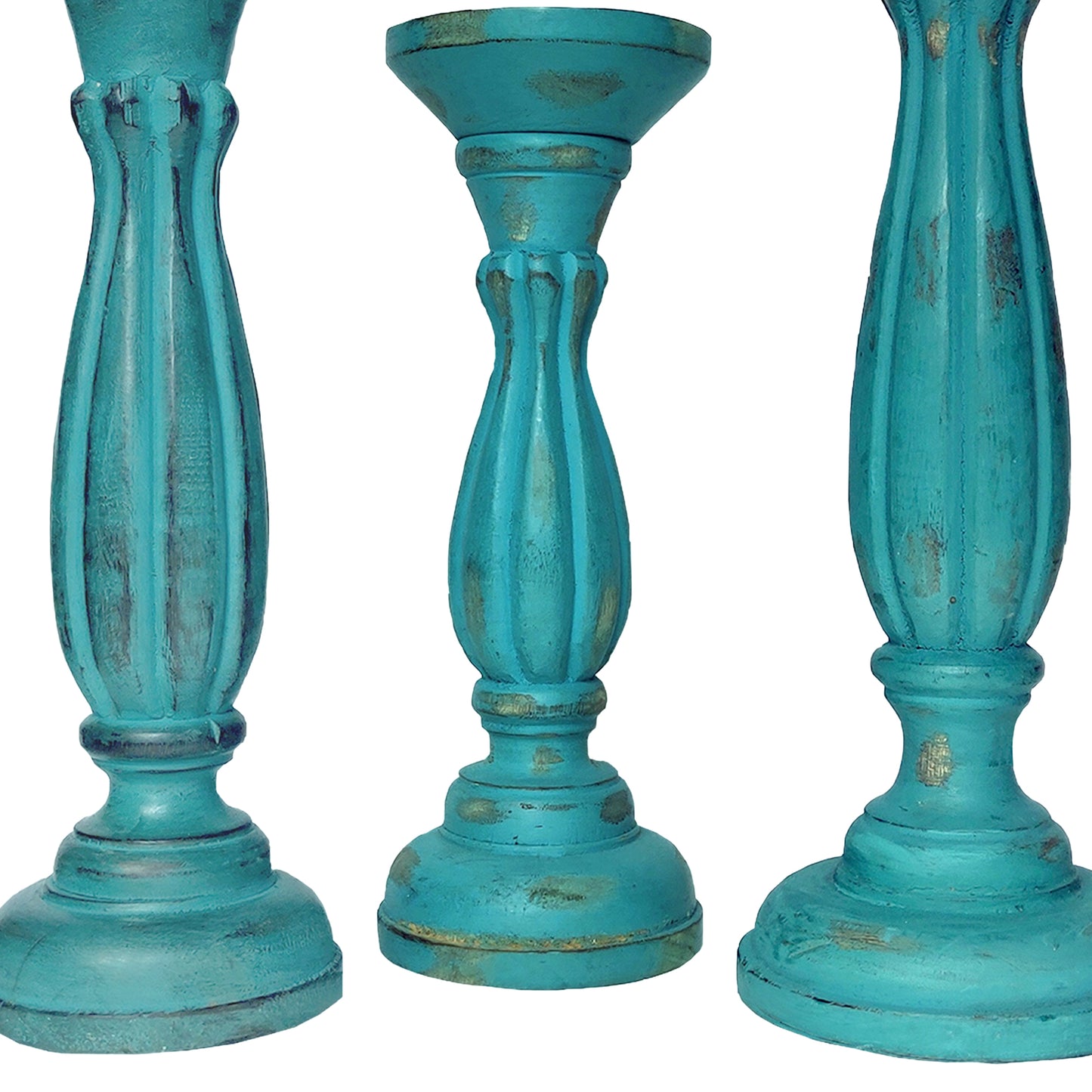 Handmade Wooden Candle Holder With Pillar Base Support Turquoise Blue Set Of 3