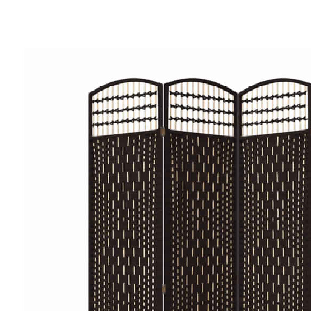 67 Inch 4 Panel Room Divider Screen, Wood, Paper Straw, Arched Top, Espresso Brown