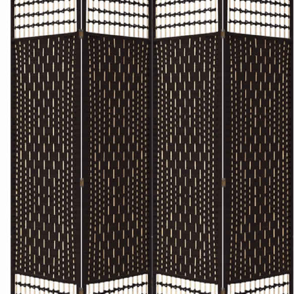 67 Inch 4 Panel Room Divider Screen, Wood, Paper Straw, Arched Top, Espresso Brown