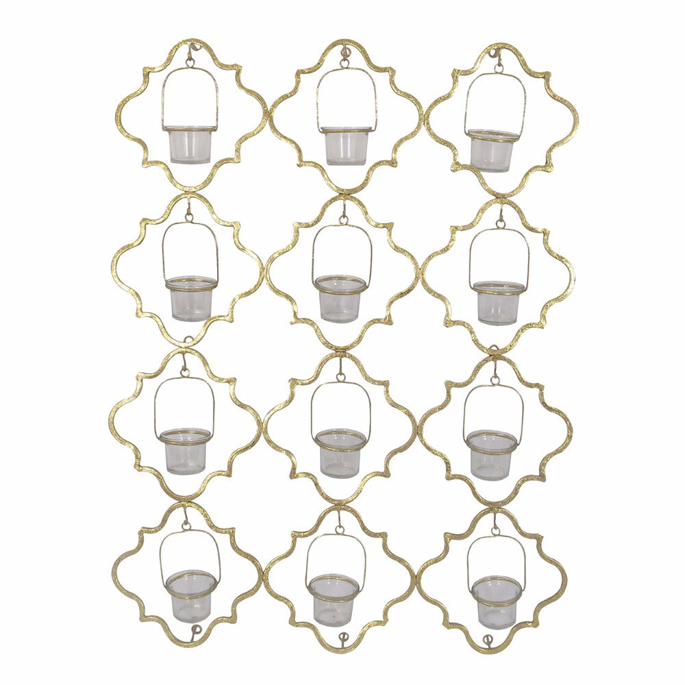 30 Inch Metal Wall Mount Candleholder Glass Quatrefoil Design Gold
