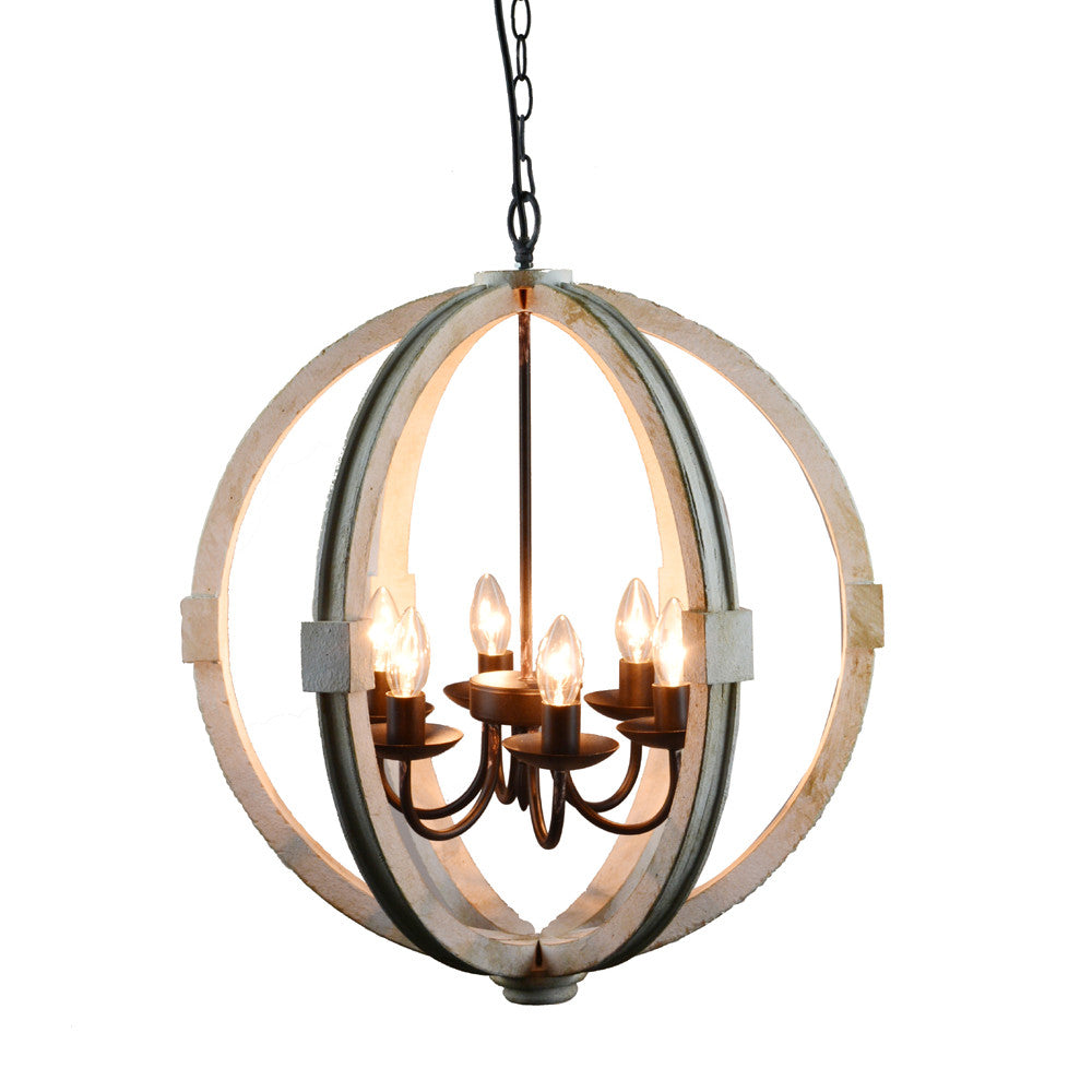 Calder Wooden Orb Shape Chandelier With Metal Chain And Six Bulb Holders White
