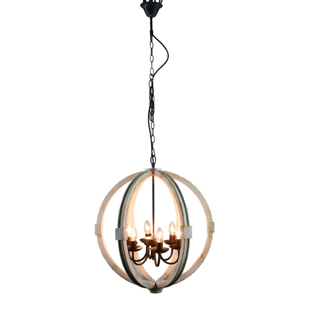 Calder Wooden Orb Shape Chandelier With Metal Chain And Six Bulb Holders White