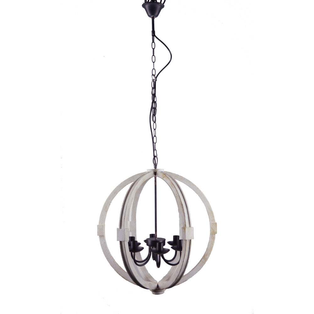 Calder Wooden Orb Shape Chandelier With Metal Chain And Six Bulb Holders White