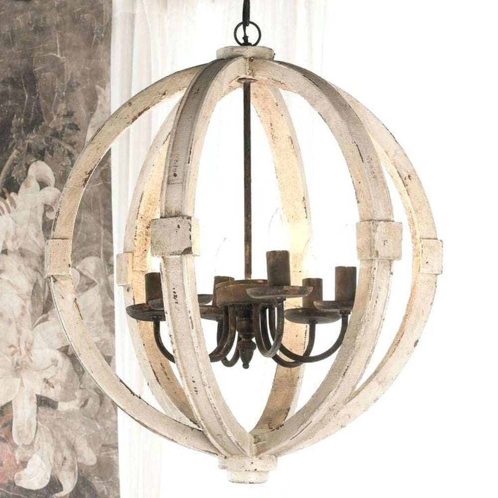 Calder Wooden Orb Shape Chandelier With Metal Chain And Six Bulb Holders White
