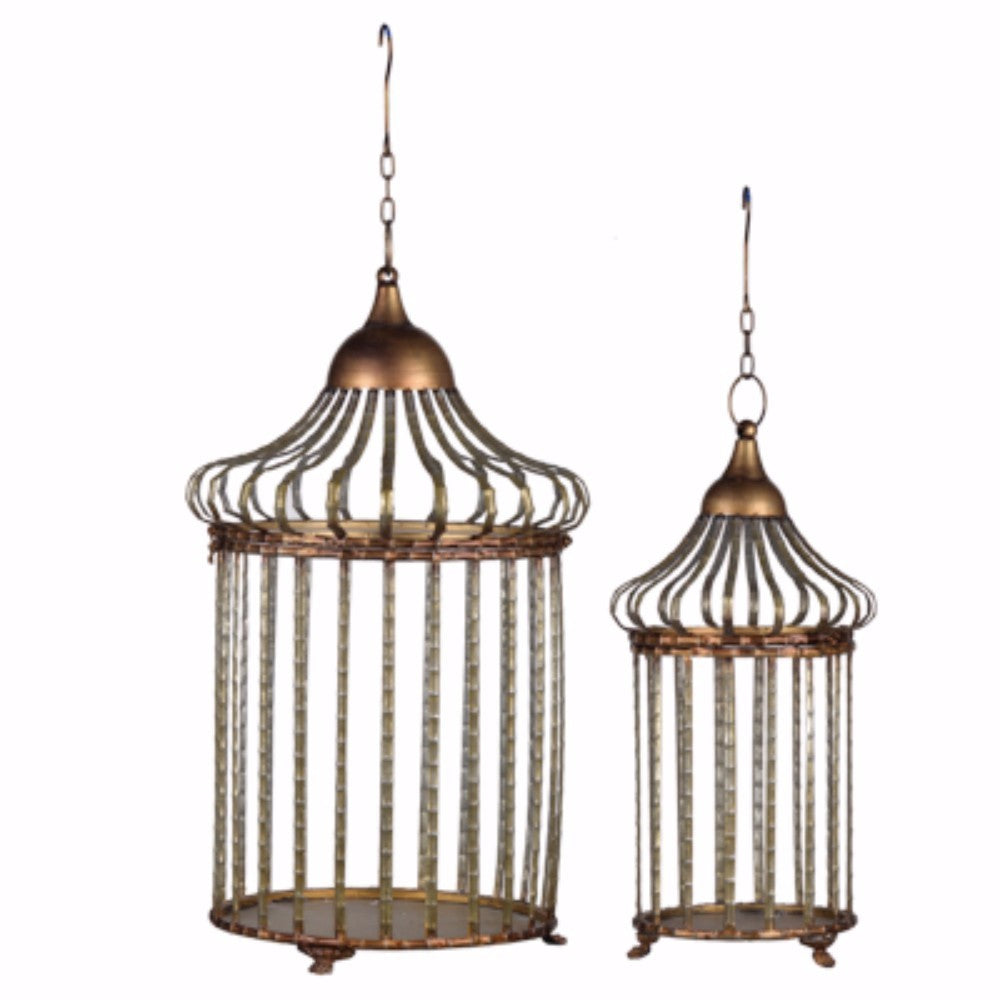 Caged Metal Frame Lantern set Of 2 Brass