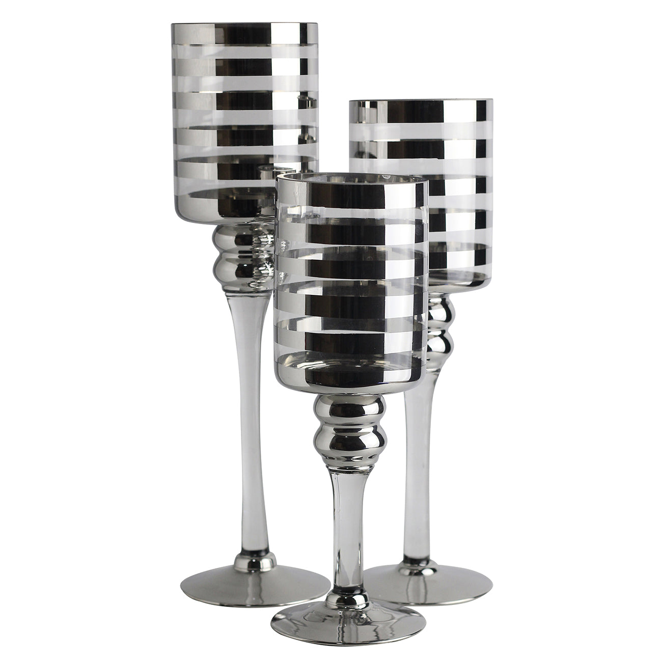Round Stripe Pattern Glass Candle Holder With Pedestal Base Set Of Three Silver