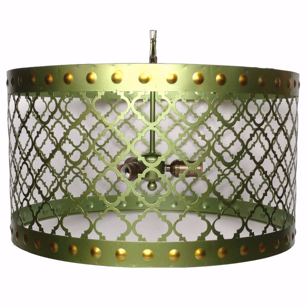 Elegant Drum Shaped Metal Chandelier With Bulb Holders Green