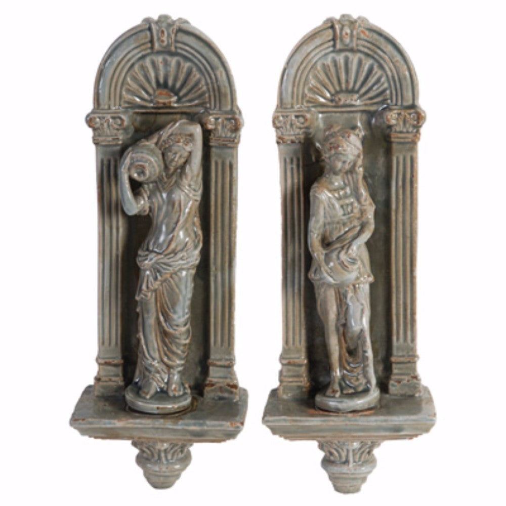 16 Inch Ceramic Wall Decor, Women With Pitcher Design Antique Gray
