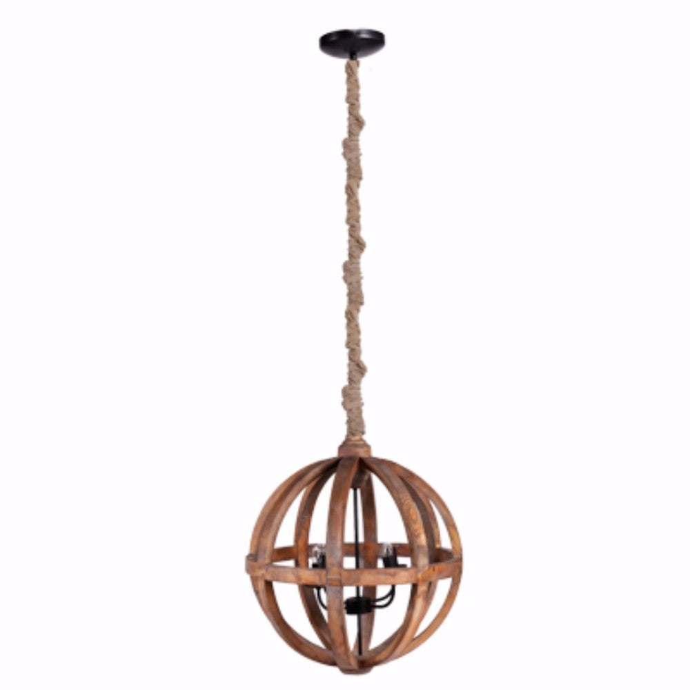 Wood Cutout Sphere Chandelier With Rope Hanger Brown