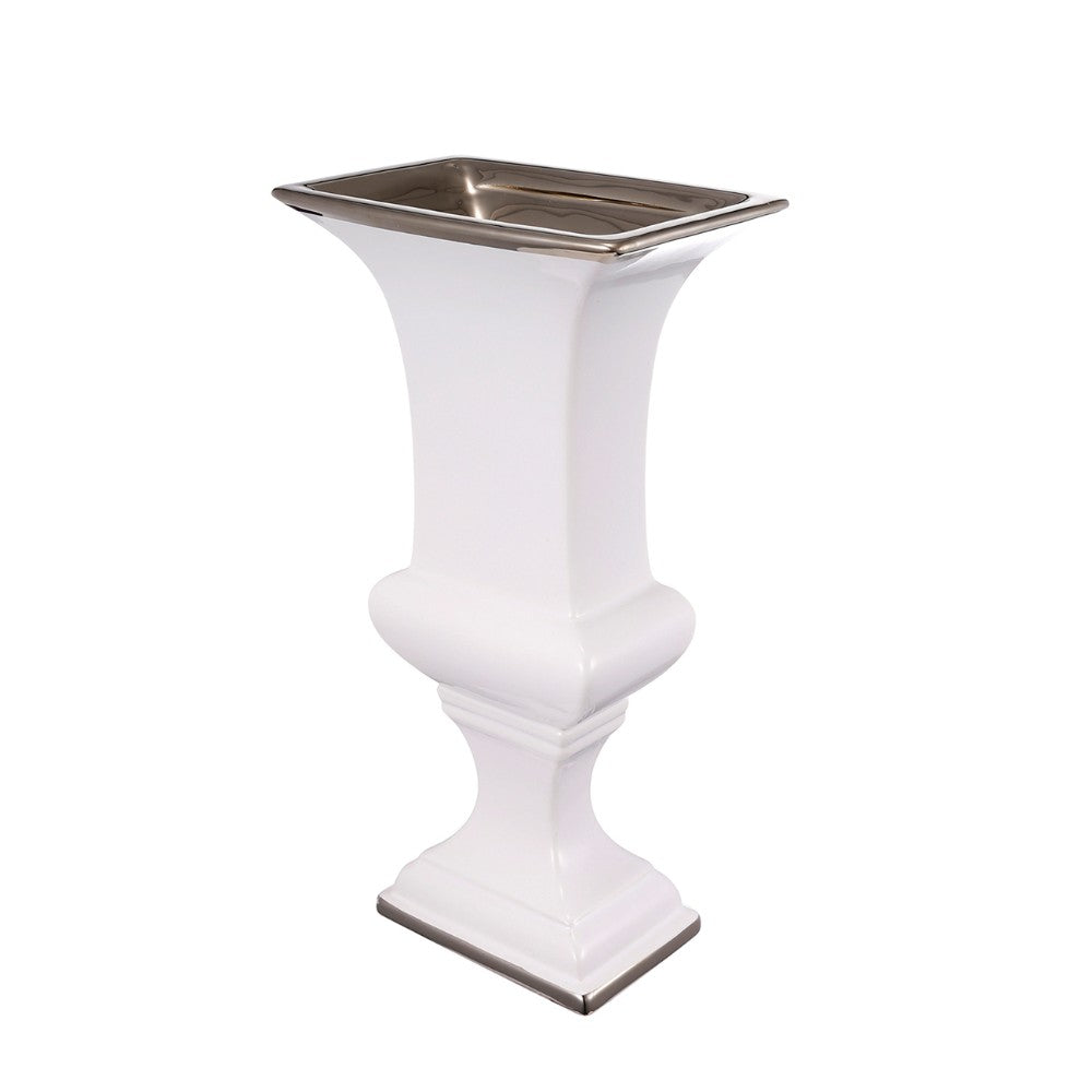 Ceramic Decorative Urn With Rectangular Opening Small White & Silver