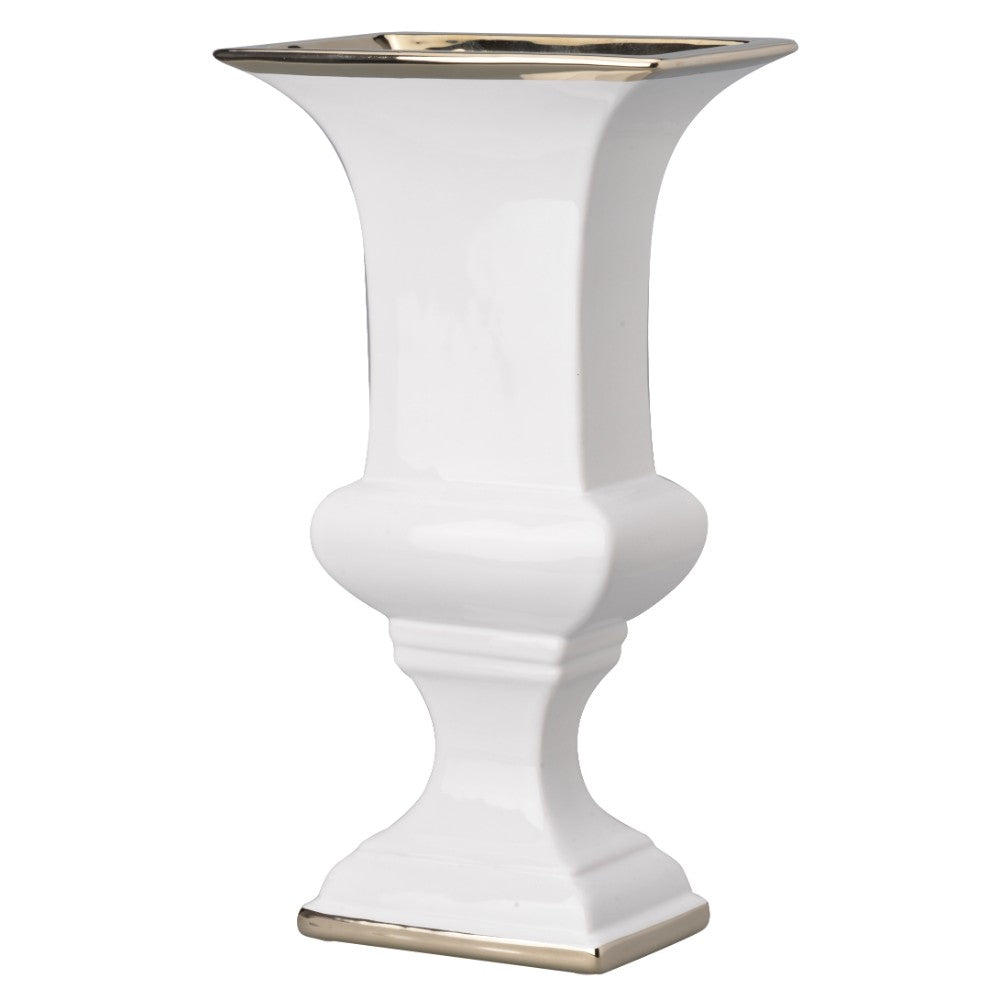 Ceramic Decorative Urn With Rectangular Opening Large White & Silver