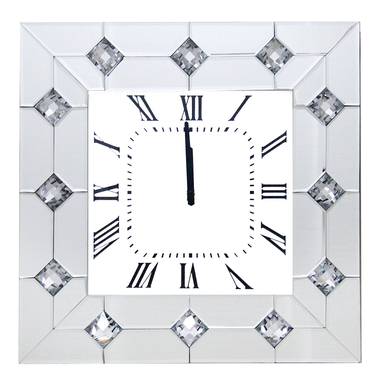 Mirrored Square Shape Wooden Analog Wall Clock With Crystal Accents White