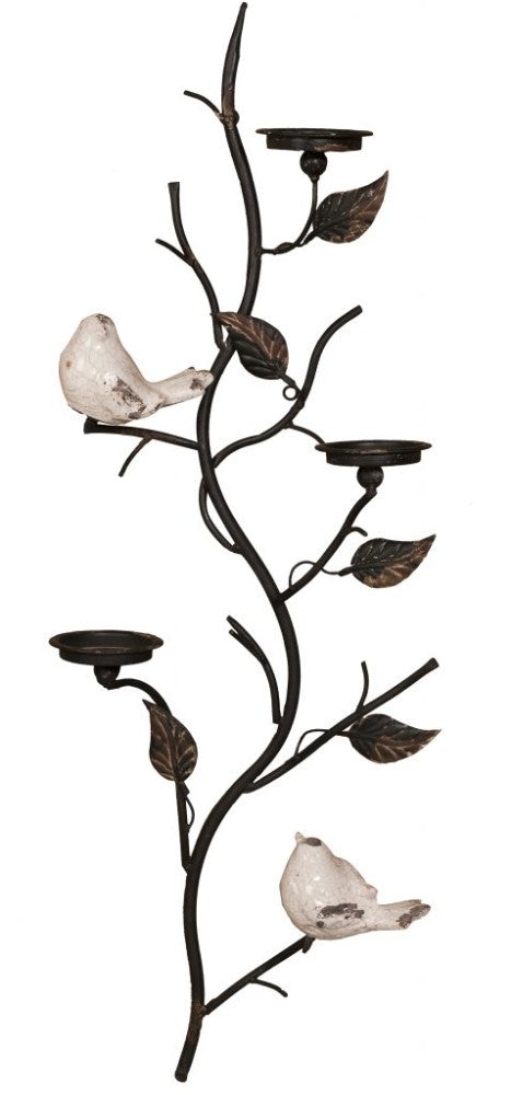 Wall Mount Metal Branch Candle Holder With Ceramic Birds Black
