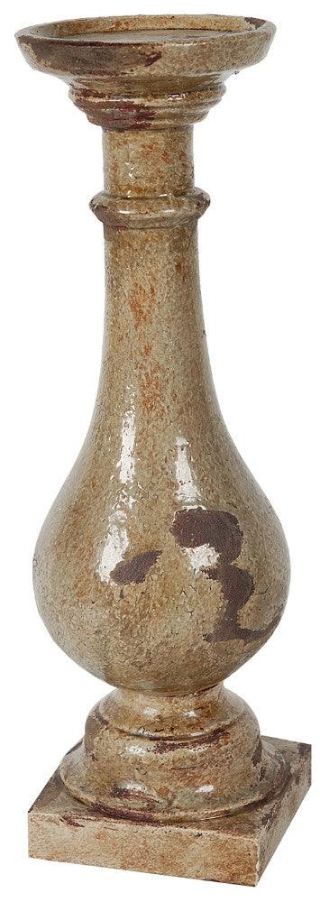 Traditional Style Distressed Ceramic Pillar Shaped Candle Holder Brown