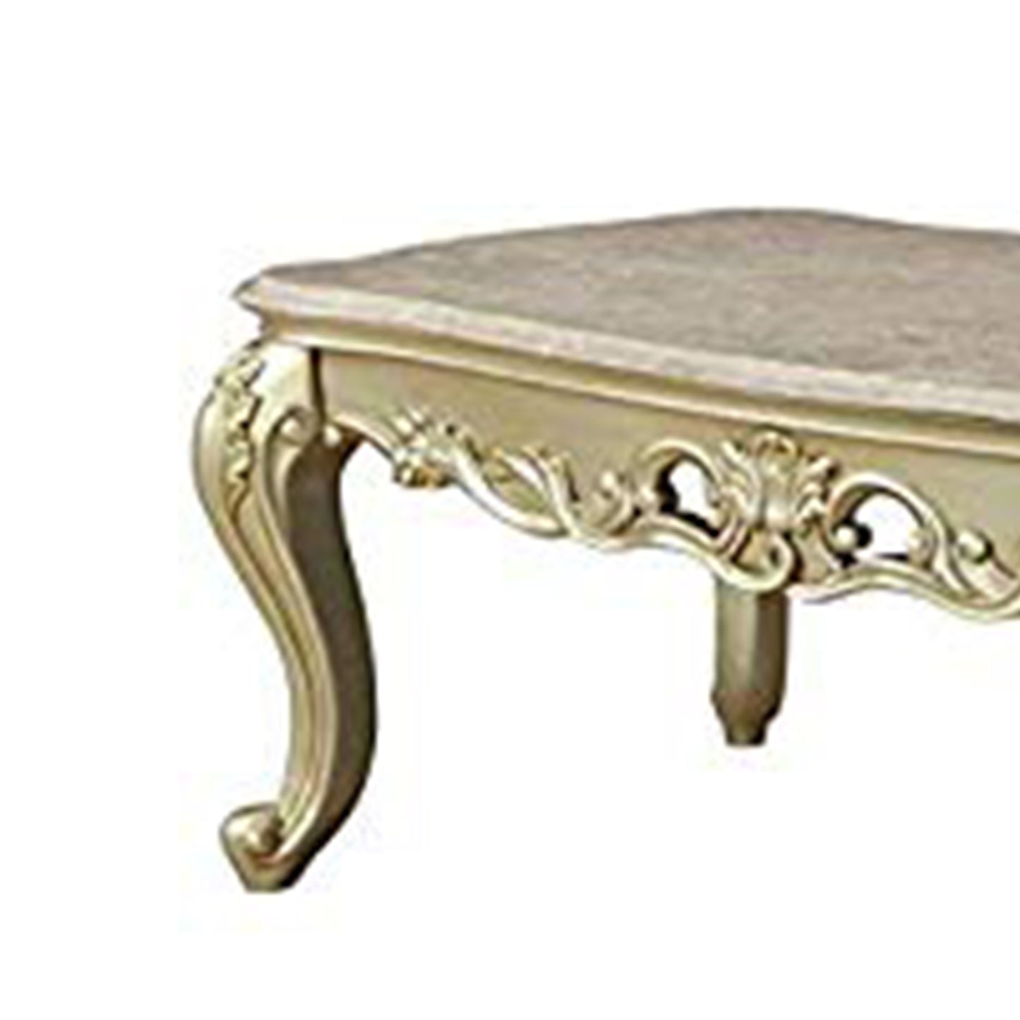 Wooden Coffee Table With Decorative Polyresin Carvings And Marble Top White