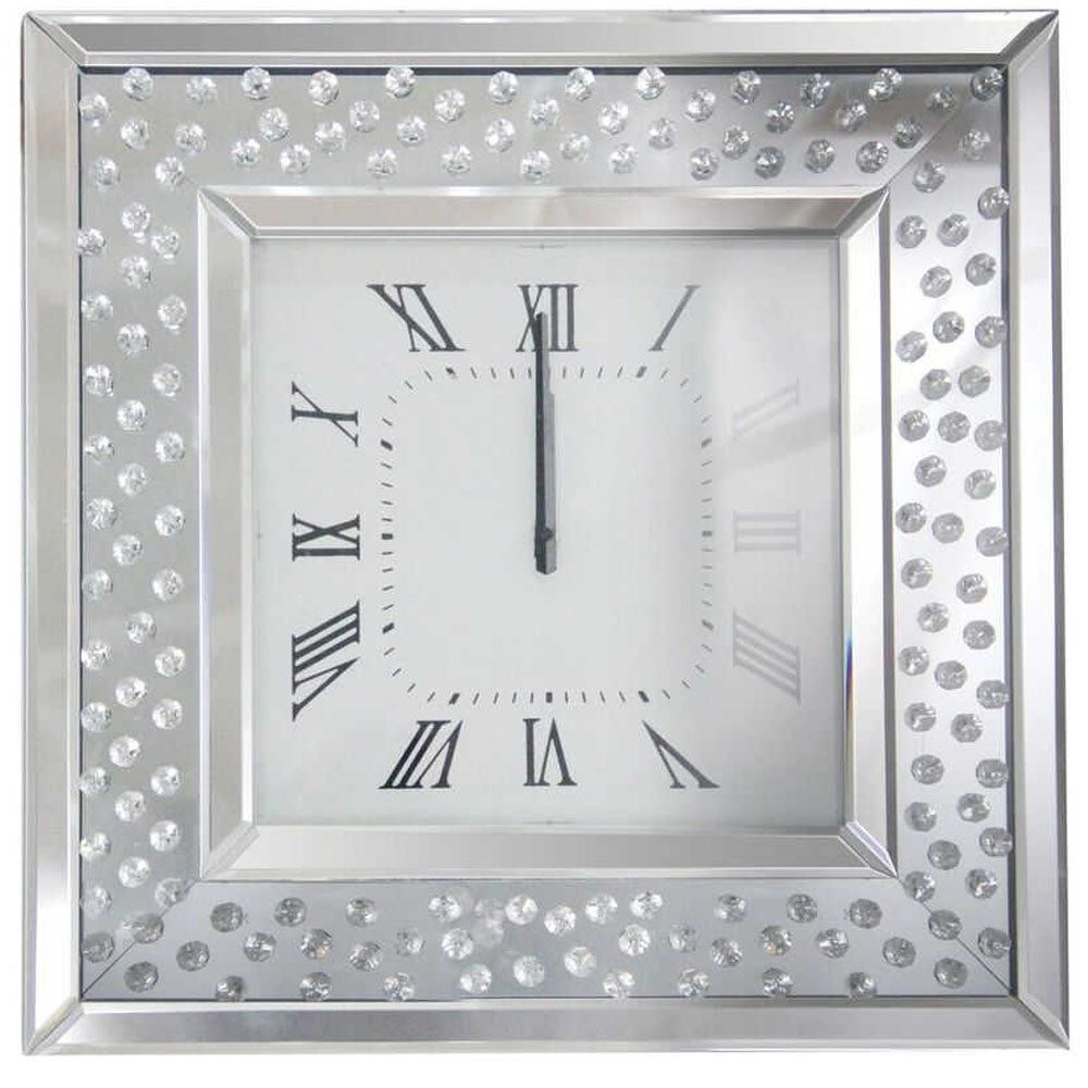 Square Shape Mirrored Analog Wall Clock With Wooden Backing Clear