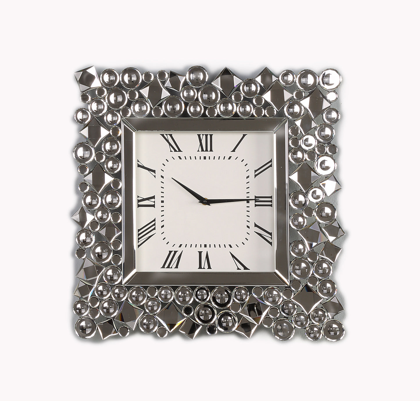 Wood And Mirror Wall Clock With Glass Crystal Gems Clear And Black