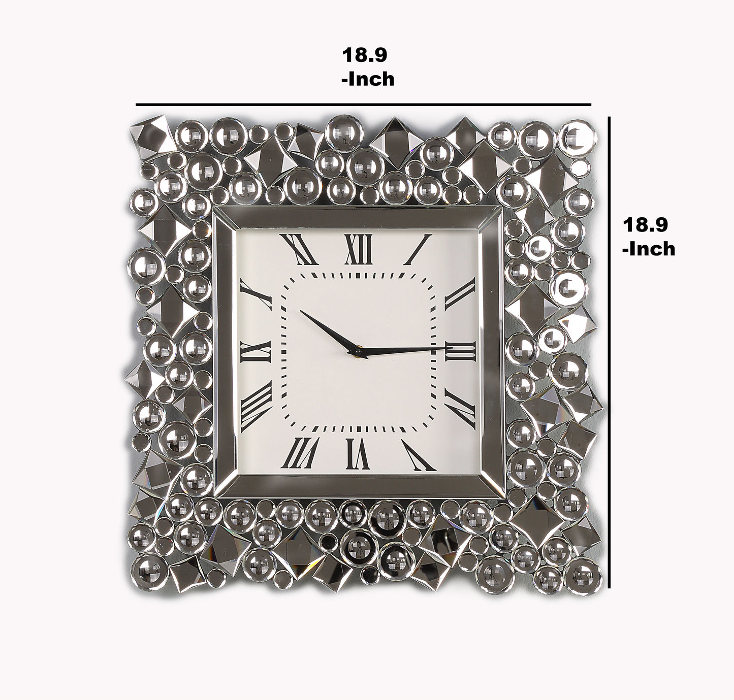 Wood And Mirror Wall Clock With Glass Crystal Gems Clear And Black