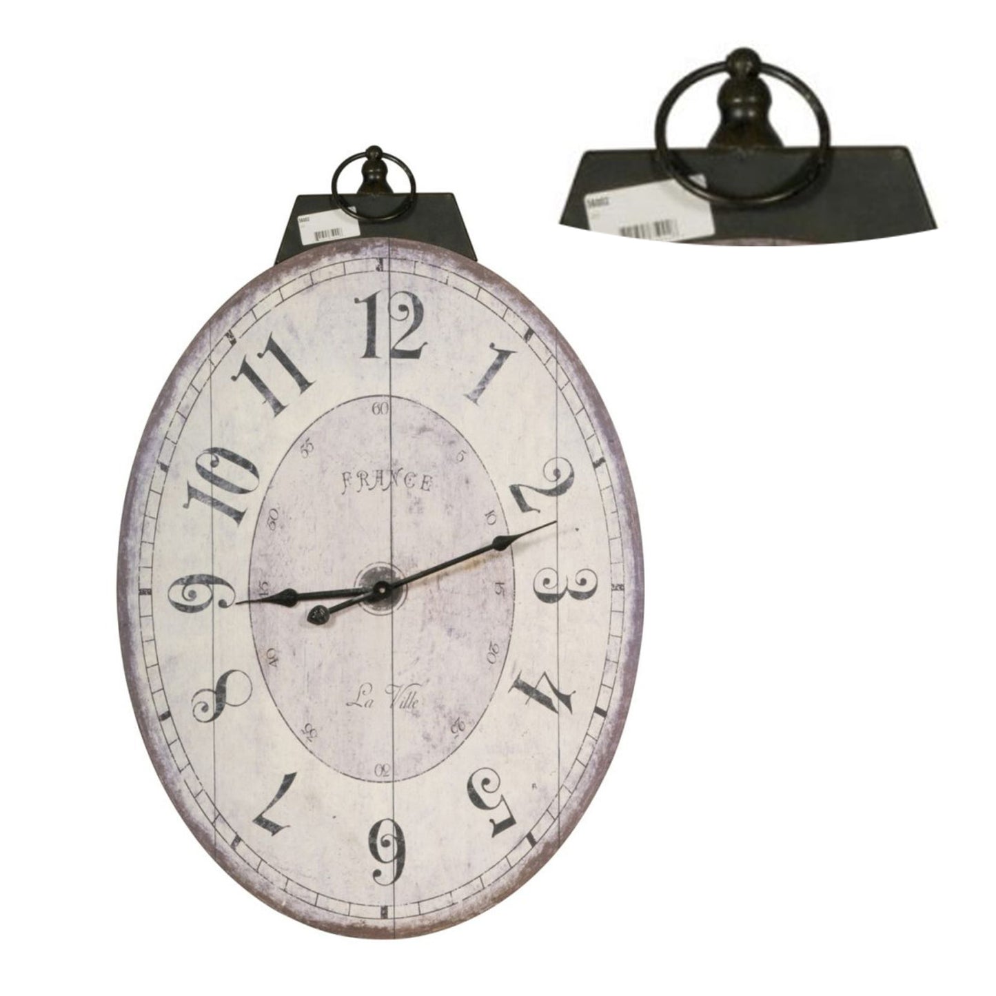 Distressed Oval Shape Wooden Wall Clock With Ring Hanger White And Black