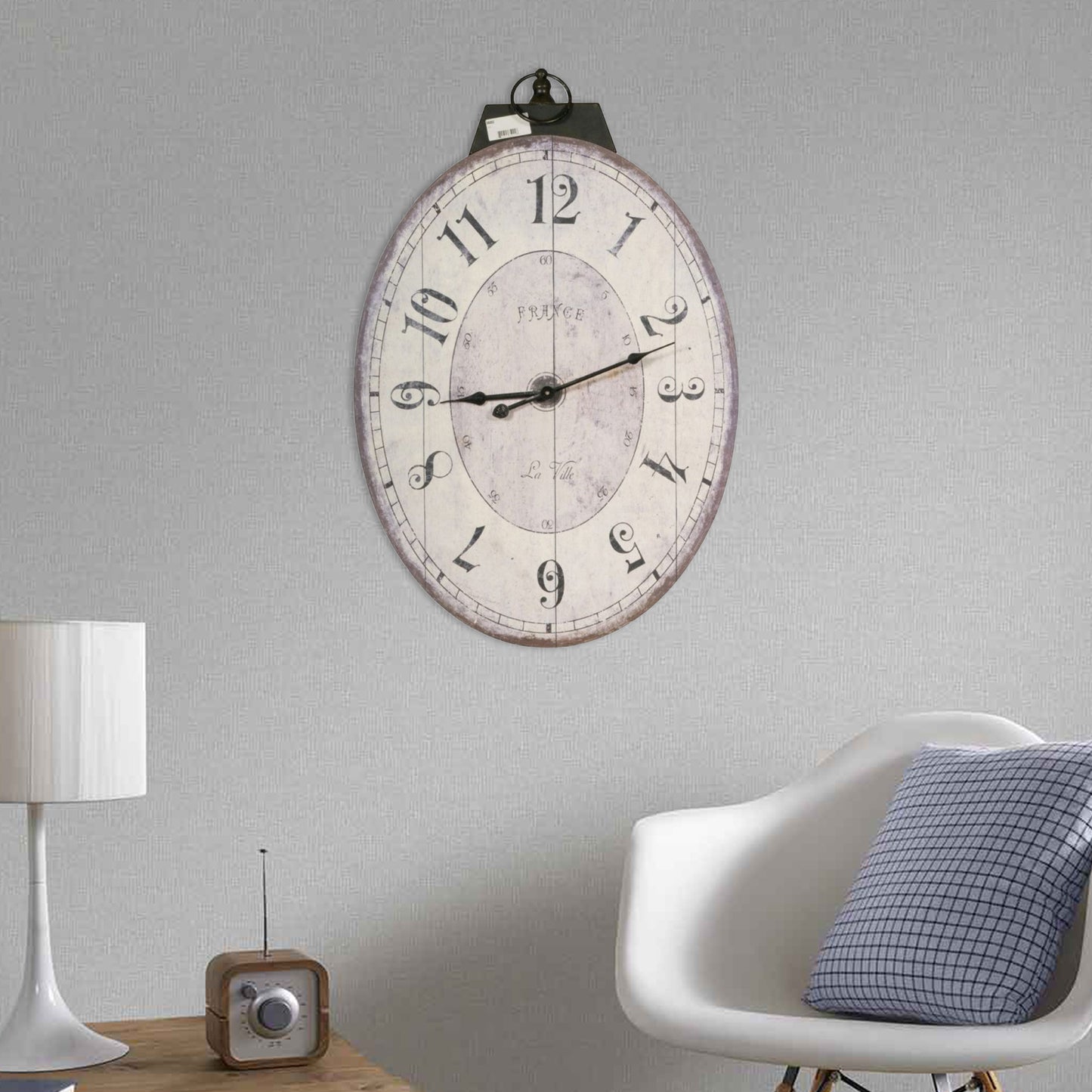 Distressed Oval Shape Wooden Wall Clock With Ring Hanger White And Black