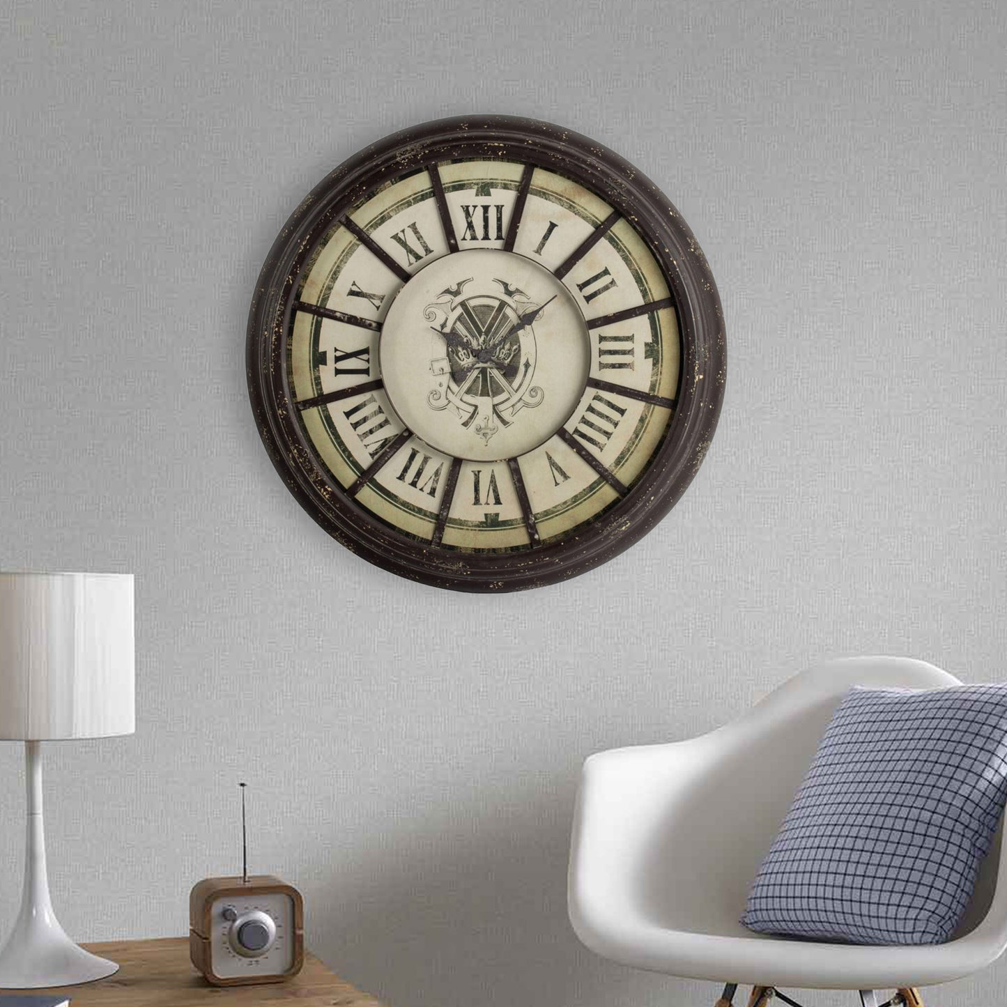 Oversized Wood And Metal Wall Clock With Distressed Details Antique Gray And Cream