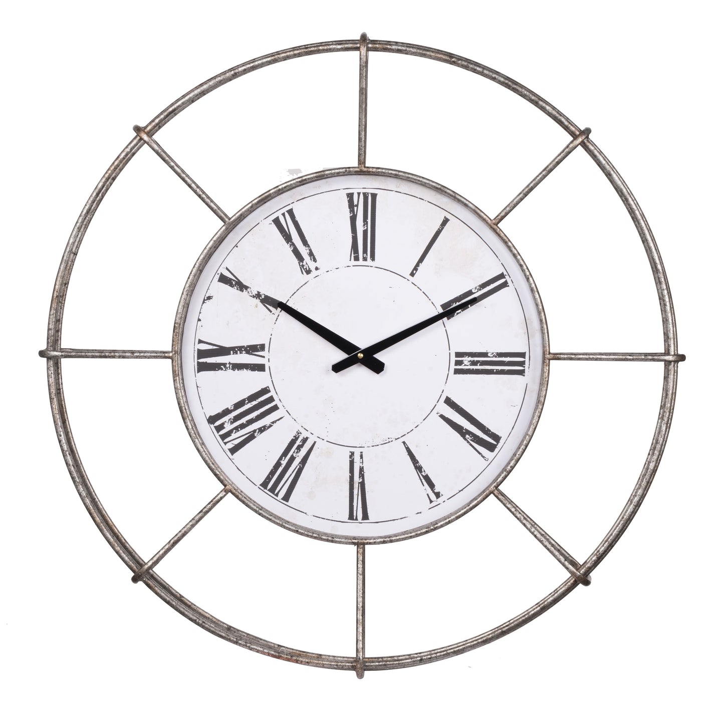 Metal Wall Clock With Circle Dial And Roman Numbers Silver And White