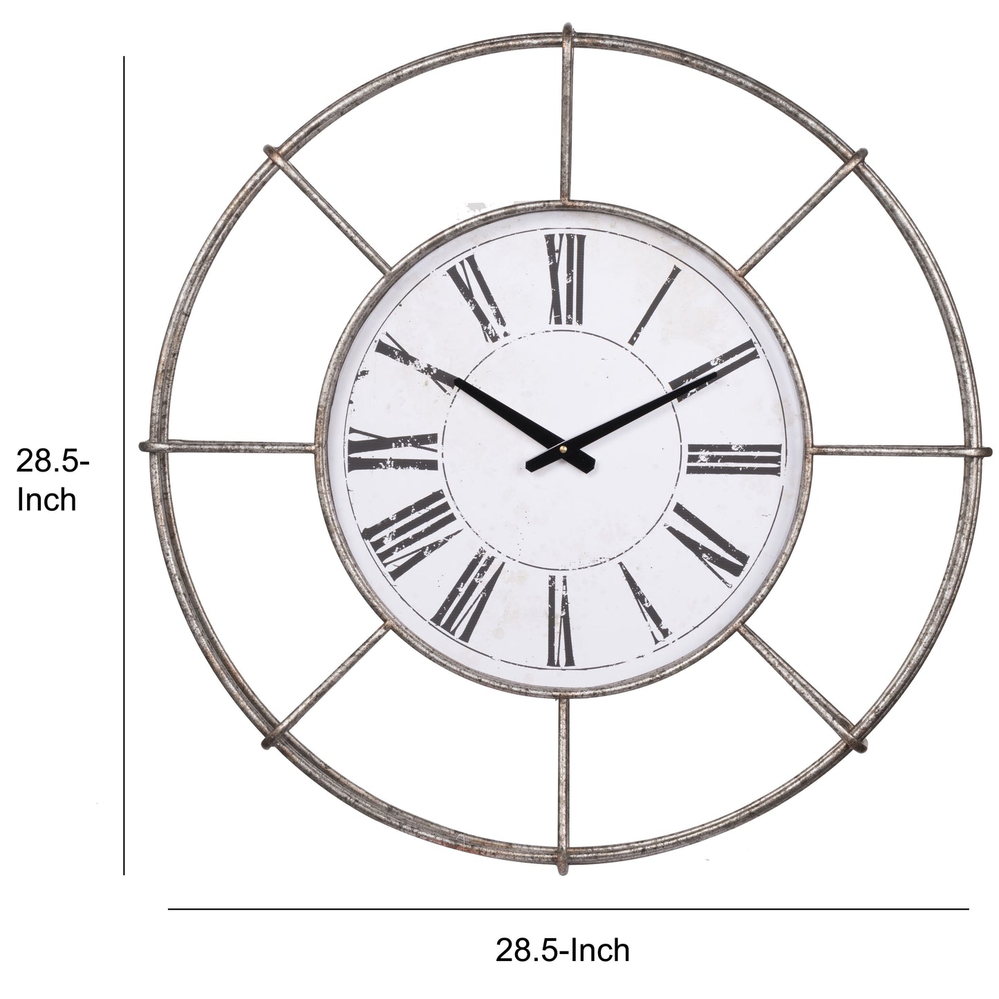 Metal Wall Clock With Circle Dial And Roman Numbers Silver And White