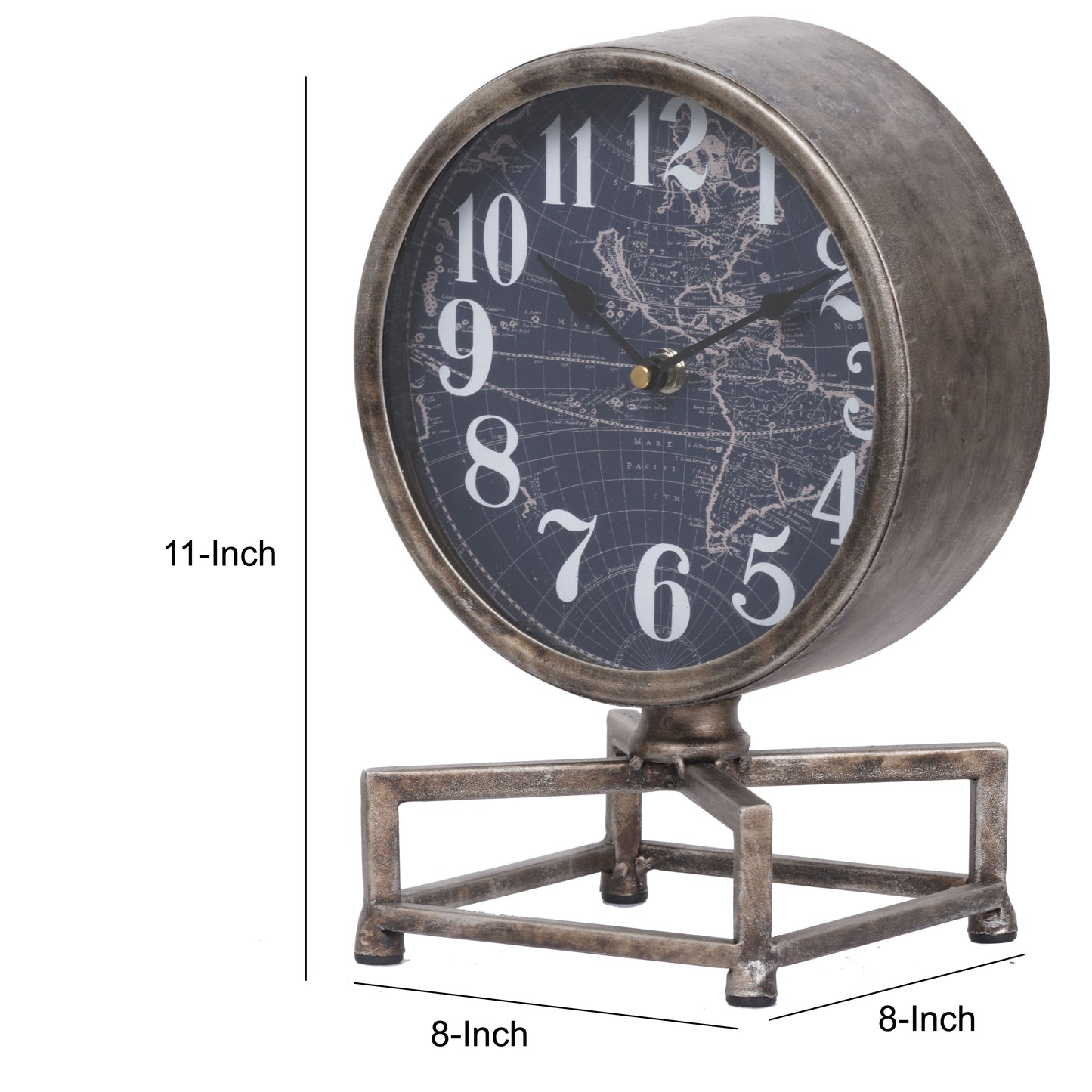 Metal Table Clock With Map Theme Background And Geometric Base Gray