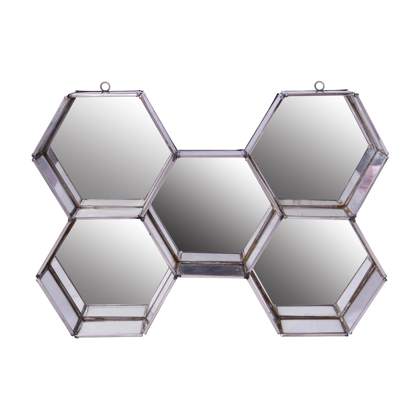 Hexagonal Mirrored Wall Display With Two Keyhole Hanger On Top Silver